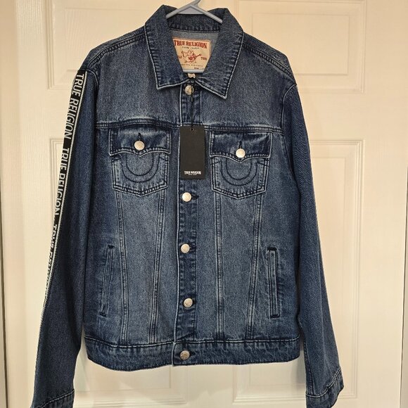 True Religion Men's Logo Taping Denim SN Jacket Tide Wash Color Size Large NWT - Picture 1 of 9
